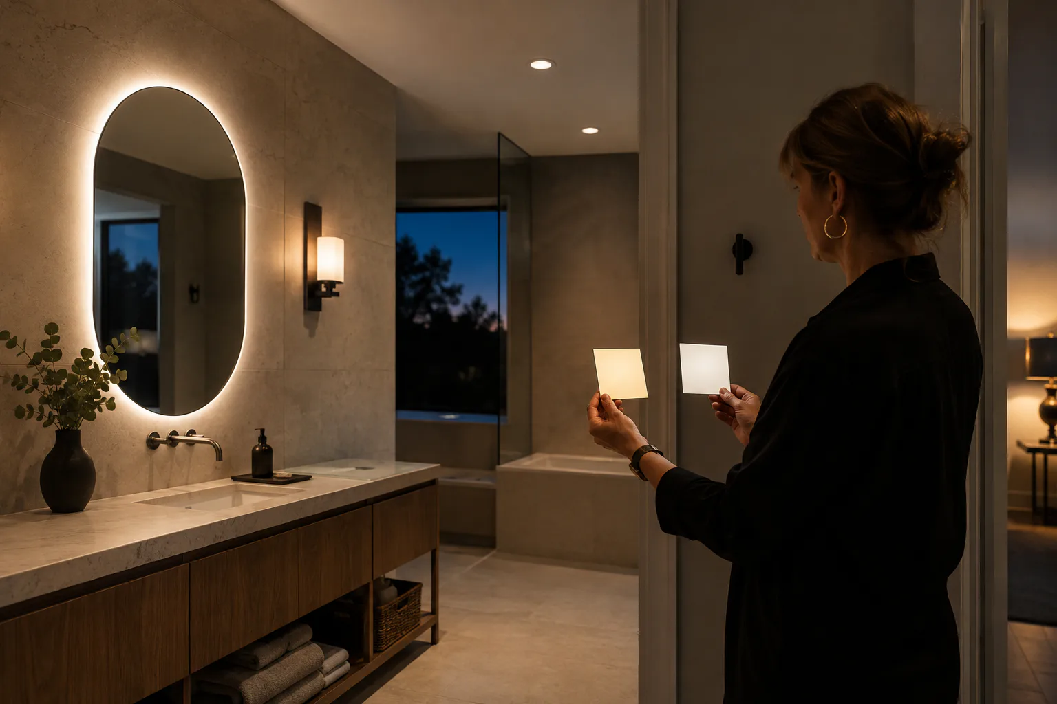Lighting designer comparing bathroom light samples beside a softly illuminated oval mirror