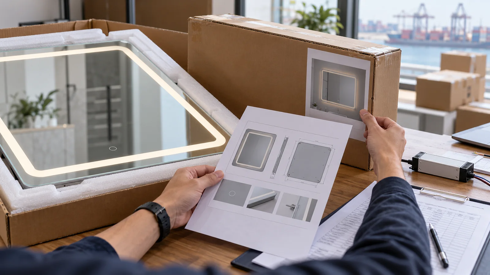 Importer checking LED mirror specification and shipping paperwork beside a packed sample