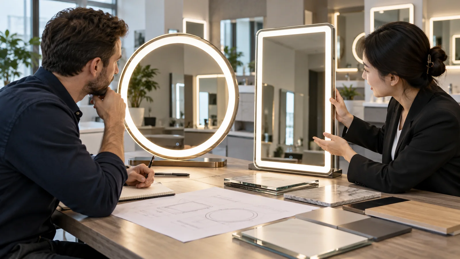 Buyer and supplier representative discussing LED mirror samples in a showroom