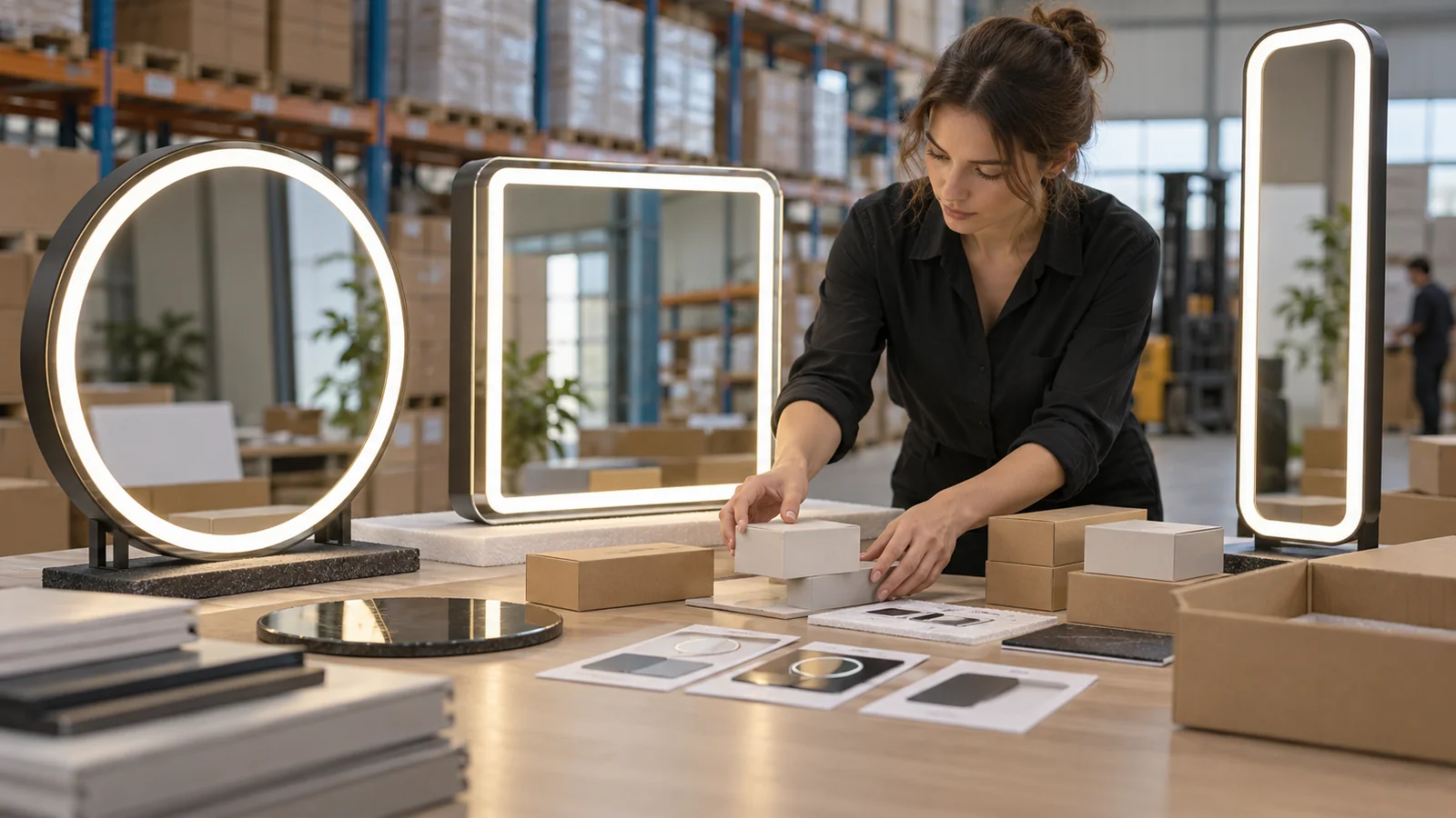Different LED mirror models and sample cartons arranged for order planning