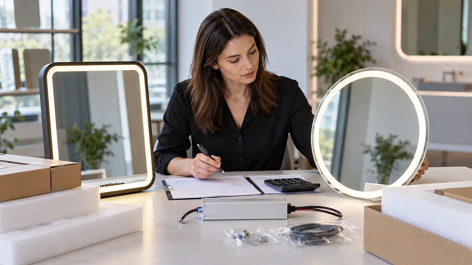 Buyer comparing framed and frameless LED mirror configurations and packing materials