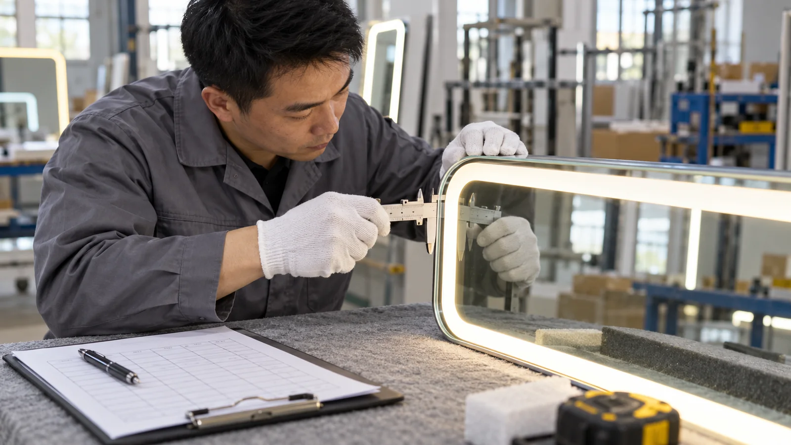 Inspector checking the illuminated edge of an LED bathroom mirror