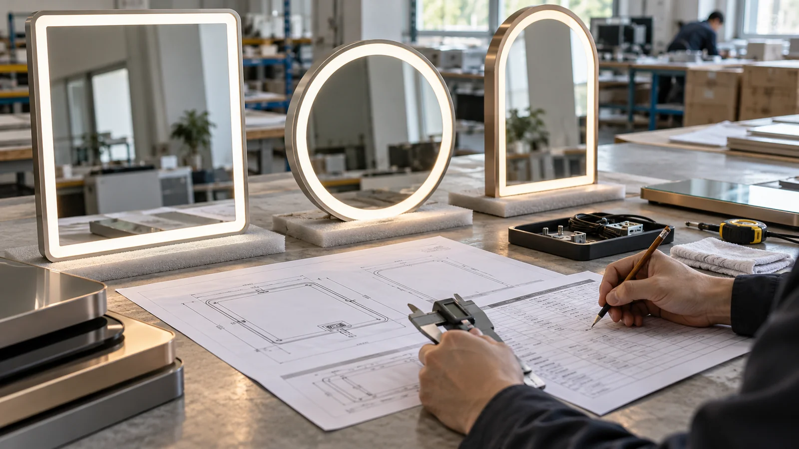 Buyer checking LED mirror samples and technical drawings during supplier verification