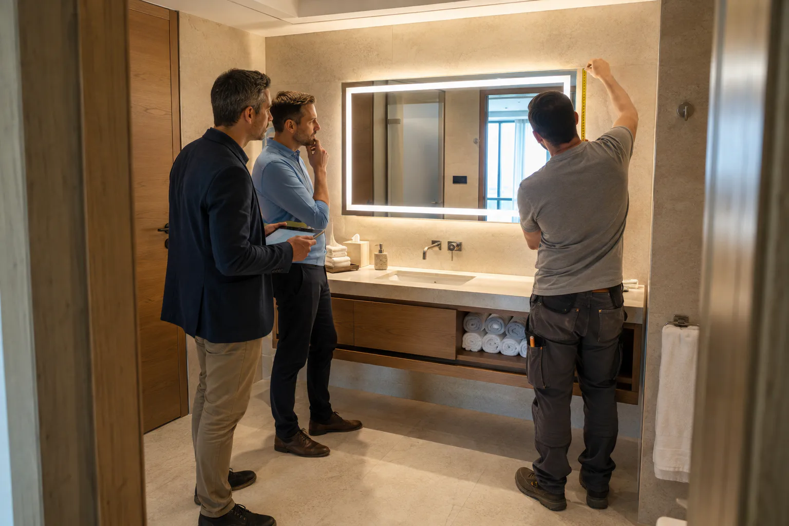 Hotel project team reviewing LED mirror alignment in a bathroom mock-up room