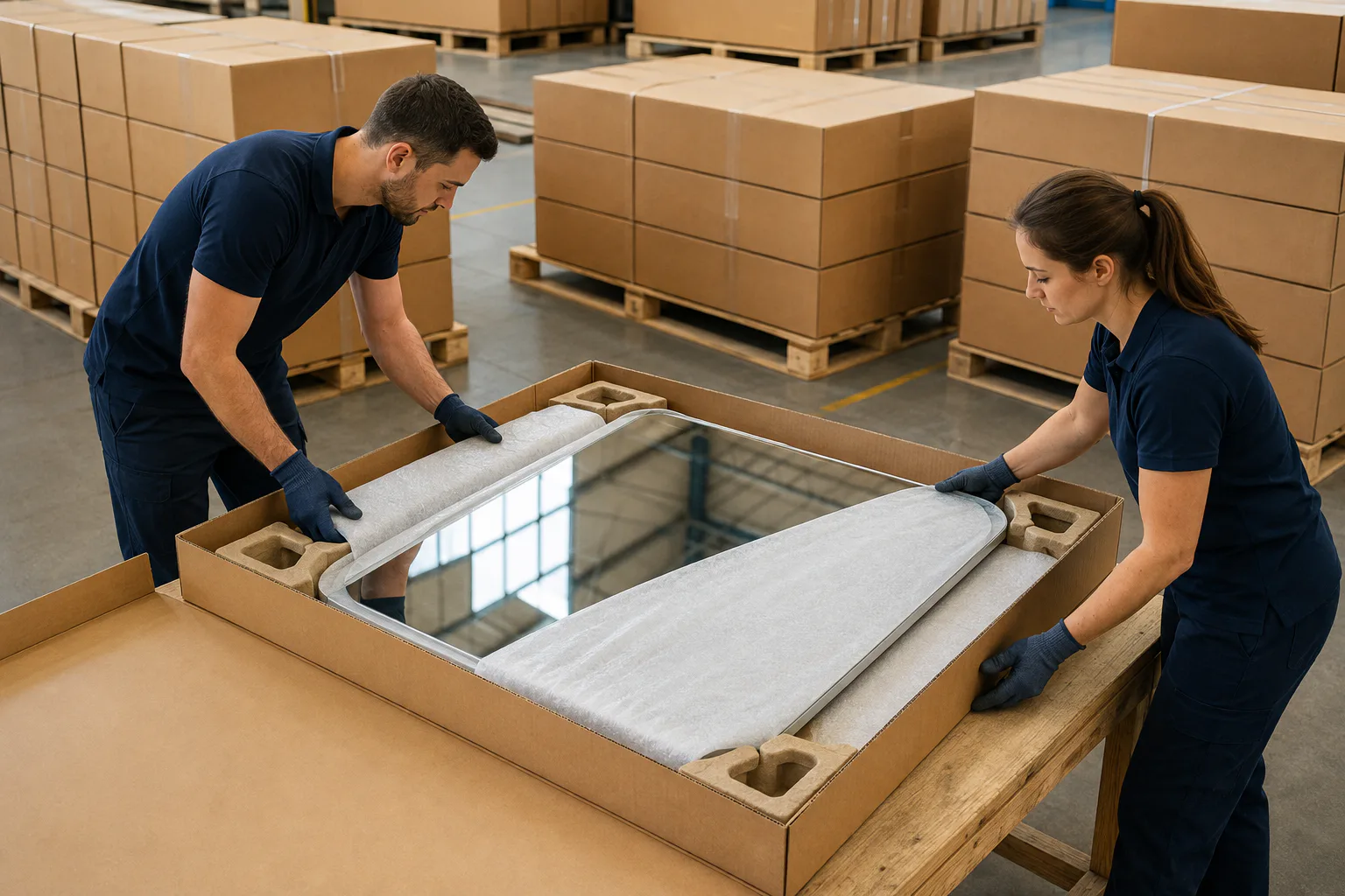 Warehouse team packing an LED mirror with protective corners in a reinforced export carton