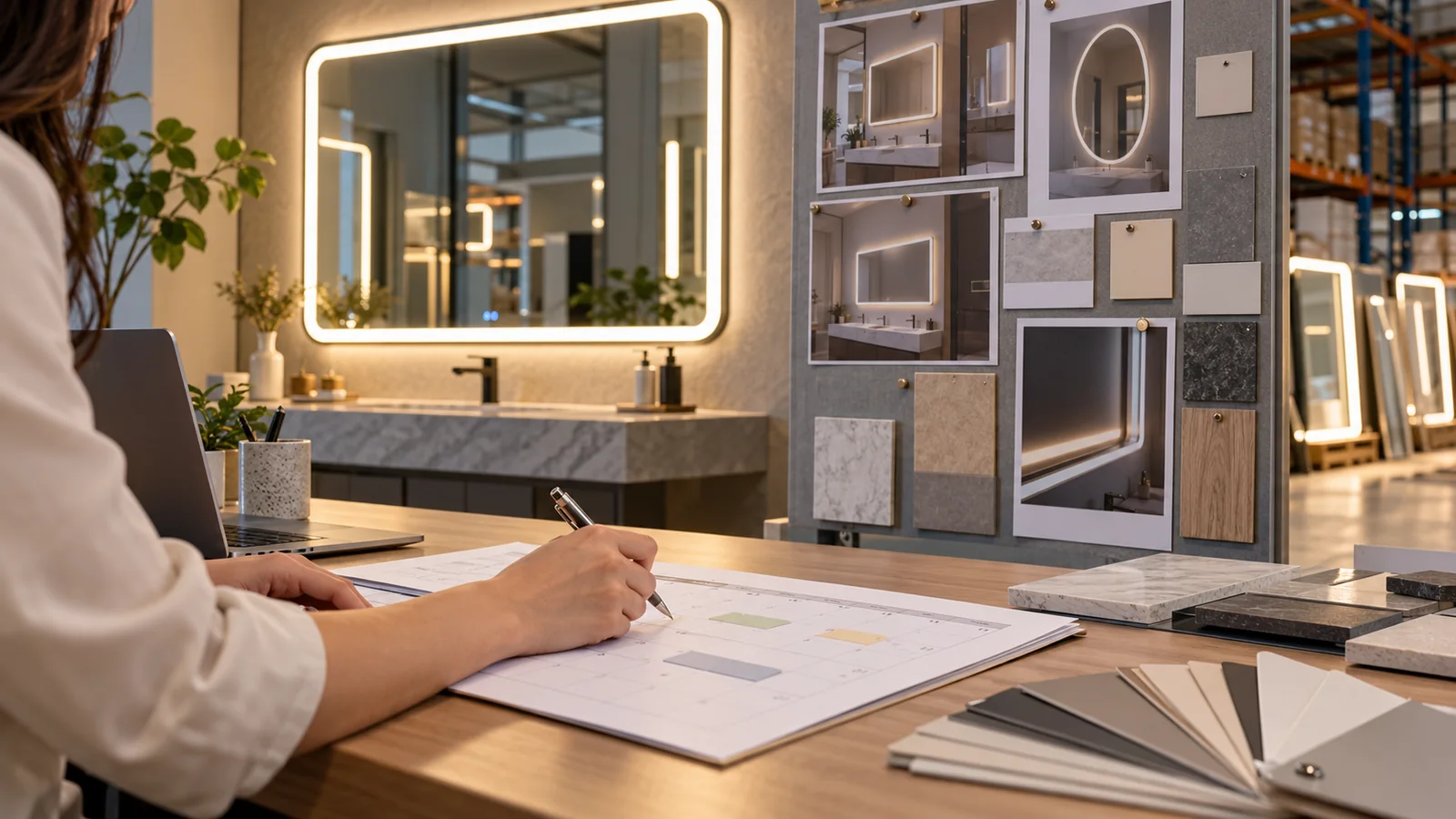 Project coordinator planning LED mirror sample and production milestones