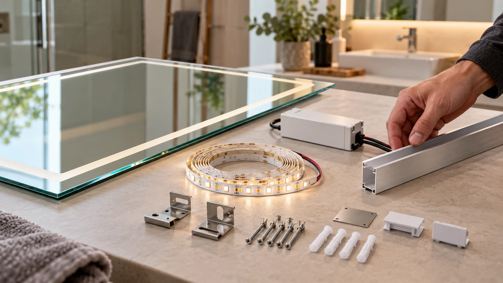 LED mirror glass, driver, lighting strip, frame and mounting parts arranged for comparison