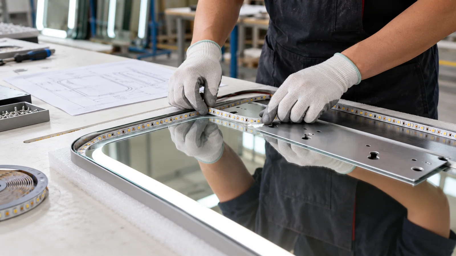Gloved hands fitting an LED strip to a bathroom mirror at a workbench
