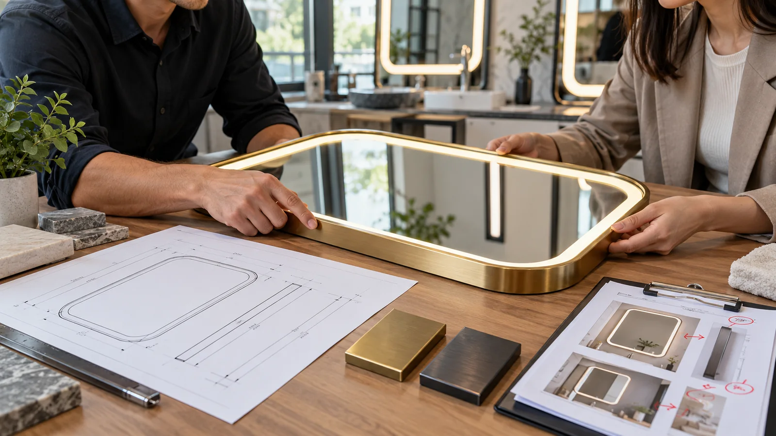 Buyer and designer reviewing an LED mirror sample with drawings and finish swatches