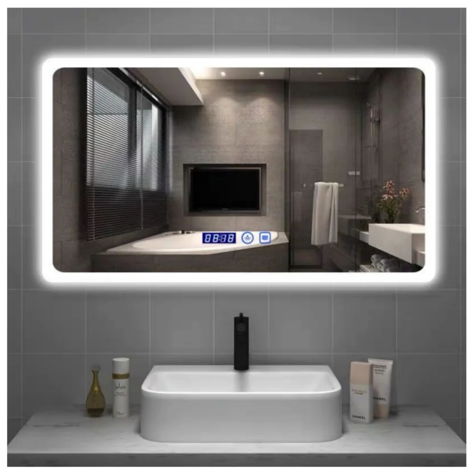Rectangular LED bathroom mirror in hotel vanity space