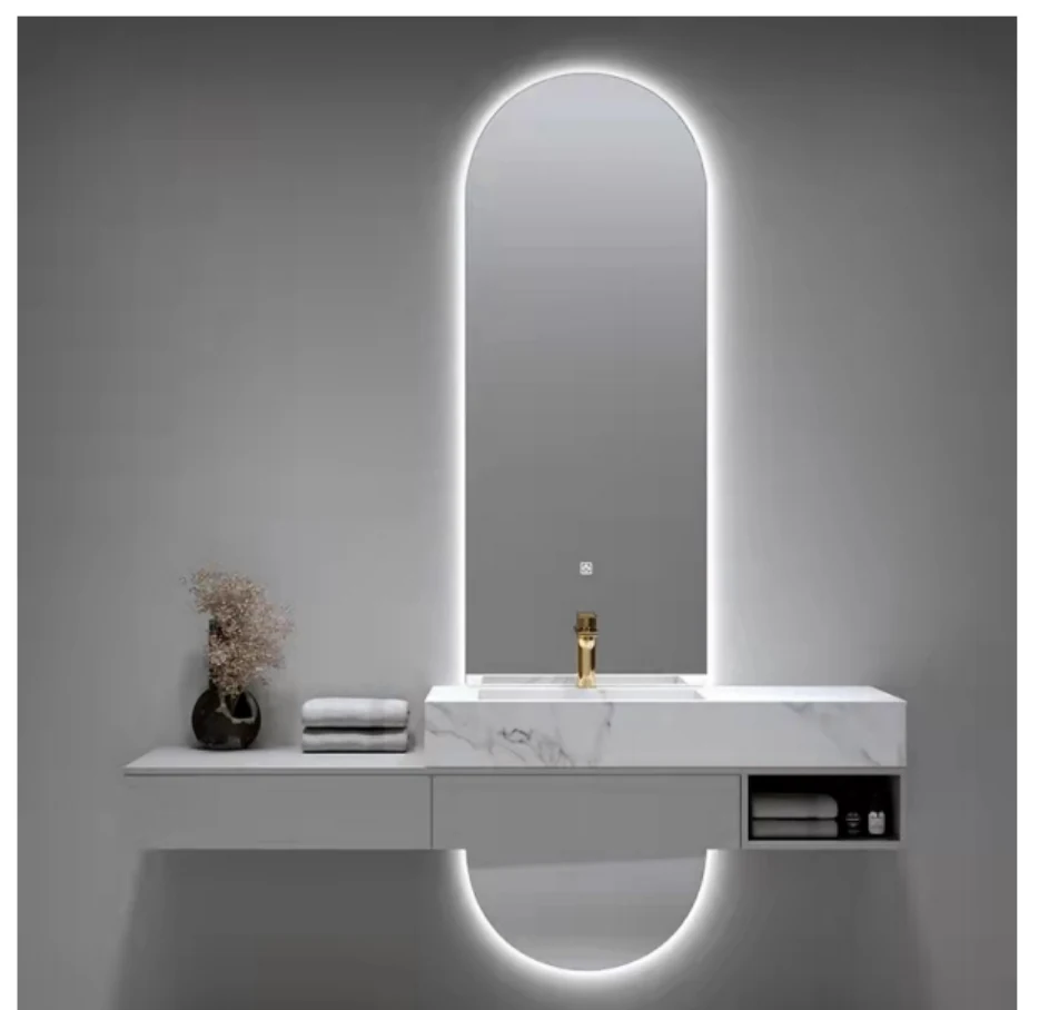 MK952 pill / racetrack LED bathroom mirror with backlit design