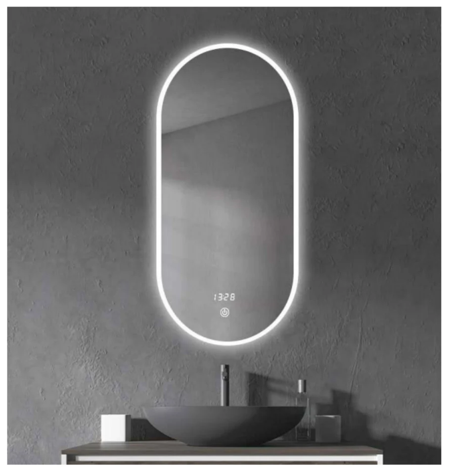 MK954 pill / racetrack LED bathroom mirror with backlit design